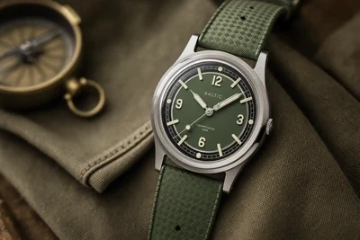 Baltic Hermétique Tourer de mostrador verde e caixa de aço sobre lona verde-oliva