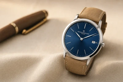 Baume et Mercier Classima de mostrador azul e pulseira de couro sobre linho claro