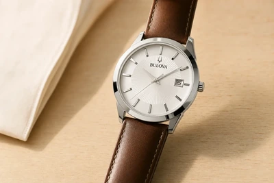 Bulova Classic de mostrador prata e pulseira de couro marrom sobre madeira clara