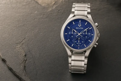 Bulova Curv de mostrador preto e caixa curva sobre pedra escura