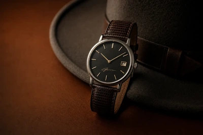 Relógio Bulova Frank Sinatra de mostrador preto sobre couro escuro ao lado de um chapéu fedora
