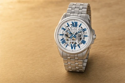Bulova Sutton automático de mostrador prateado e correia de couro sobre madeira