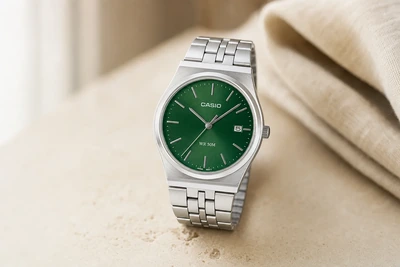 Casio Vintage Collection de mostrador verde e bracelete de aço sobre pedra clara