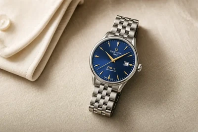 Certina DS-1 de mostrador azul e bracelete de aço sobre linho claro
