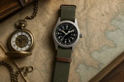 Hamilton Khaki Field sobre um mapa antigo, ao lado de um relógio de bolso ferroviário