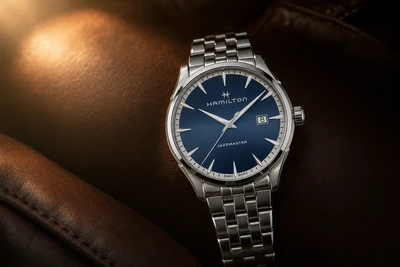 Hamilton Jazzmaster de mostrador azul e caixa polida sobre couro escuro
