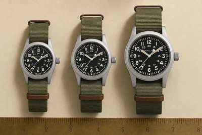 Três tamanhos do Hamilton Khaki Field lado a lado sobre papel creme com régua