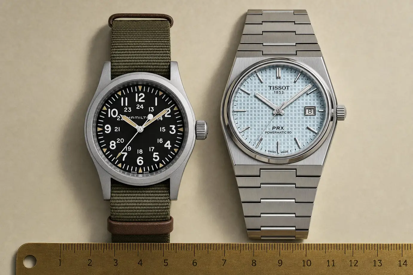 O Khaki Field é a caixa redonda menor. O PRX é a caixa tonneau, maior e mais larga.