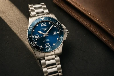 Longines HydroConquest de mostrador azul e bisel de cerâmica sobre pedra escura