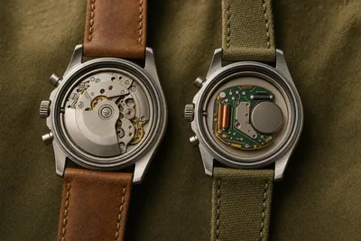 Dois relógios iguais abertos lado a lado, um com rotor à vista e outro com módulo de quartzo
