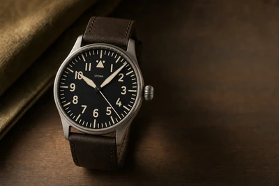 Stowa Flieger de mostrador preto e correia marrom sobre madeira escura