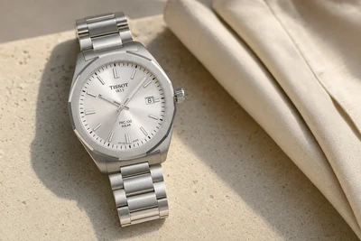 Tissot PRC 100 Solar de mostrador prata e bracelete de aço sobre pedra clara