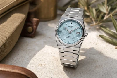 Tissot PRX Ice Blue de 40 mm sobre superfície clara, com o mostrador pegando luz