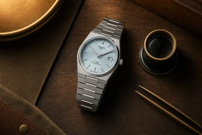 Tissot PRX Powermatic 80 de 40 mm sobre bancada de nogueira