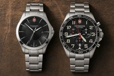 Victorinox Alliance e FieldForce lado a lado sobre madeira escura