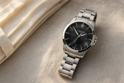 Victorinox Alliance de mostrador preto e pulseira de aço sobre linho claro