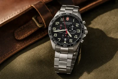 Victorinox FieldForce de mostrador preto e pulseira de aco sobre lona oliva
